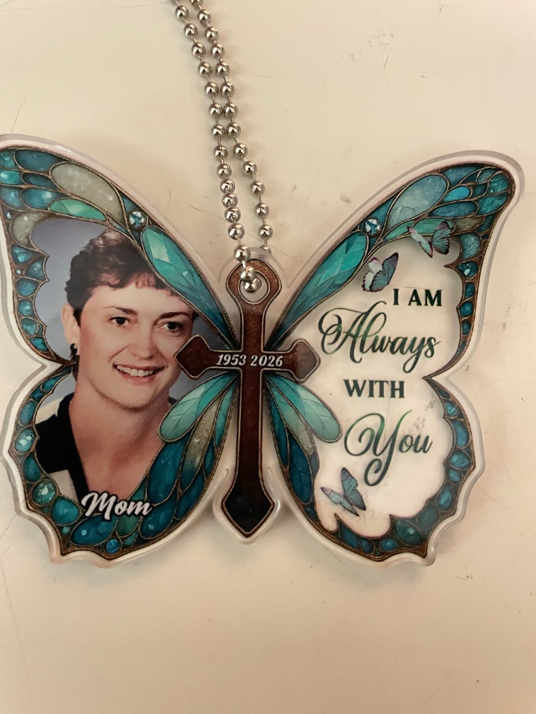 Customer photo review of Personalized Memorial Butterfly Car Hanger with Photo – Always With You