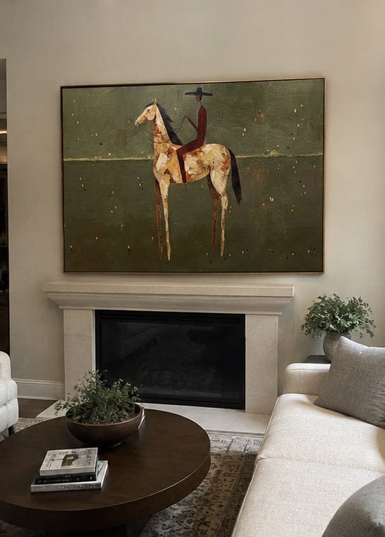 Customer photo review of Plains Rider – Vintage Americana Minimalist Cowboy on Horseback Painting | Western Modern Living Room Art