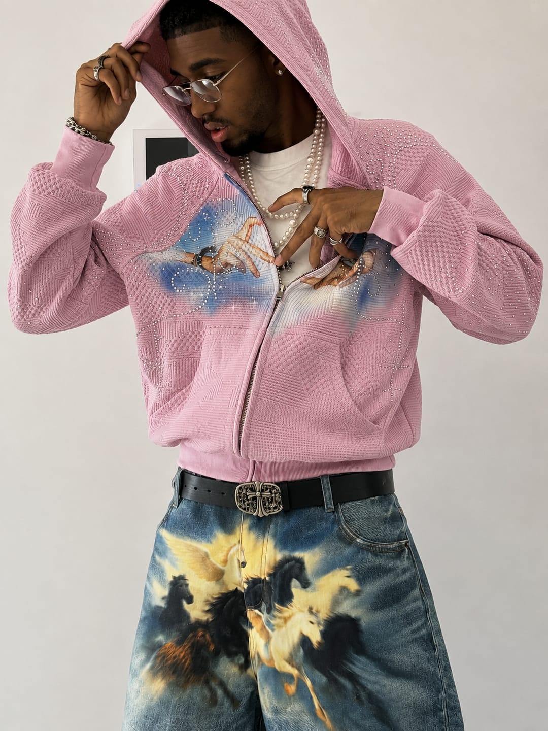 Customer photo review of Dreamcore Rhinestone Heart Hands Waffle Zip-Up Hoodie Jacket