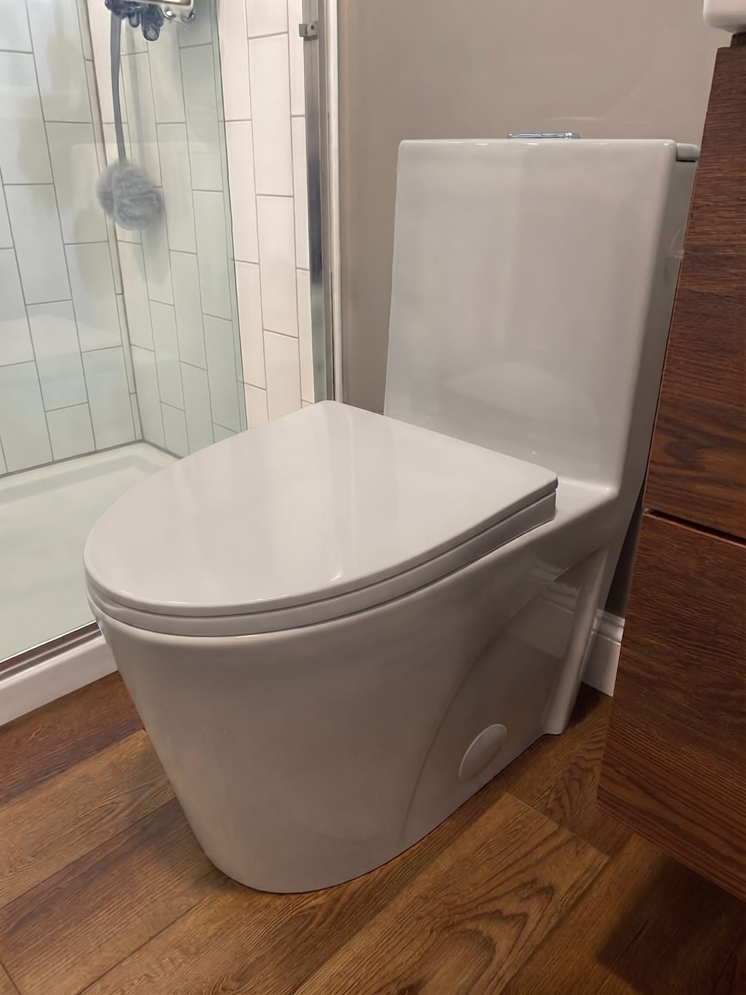 Customer photo review of Gota – Light Gray Modern One-Piece Toilet with Dual Flush & Soft-Close Seat