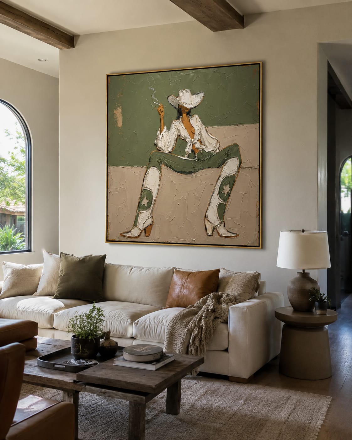 Customer photo review of White Boots Hold Ground – Green Cowgirl Painting | Retro Modern Square Wall Art