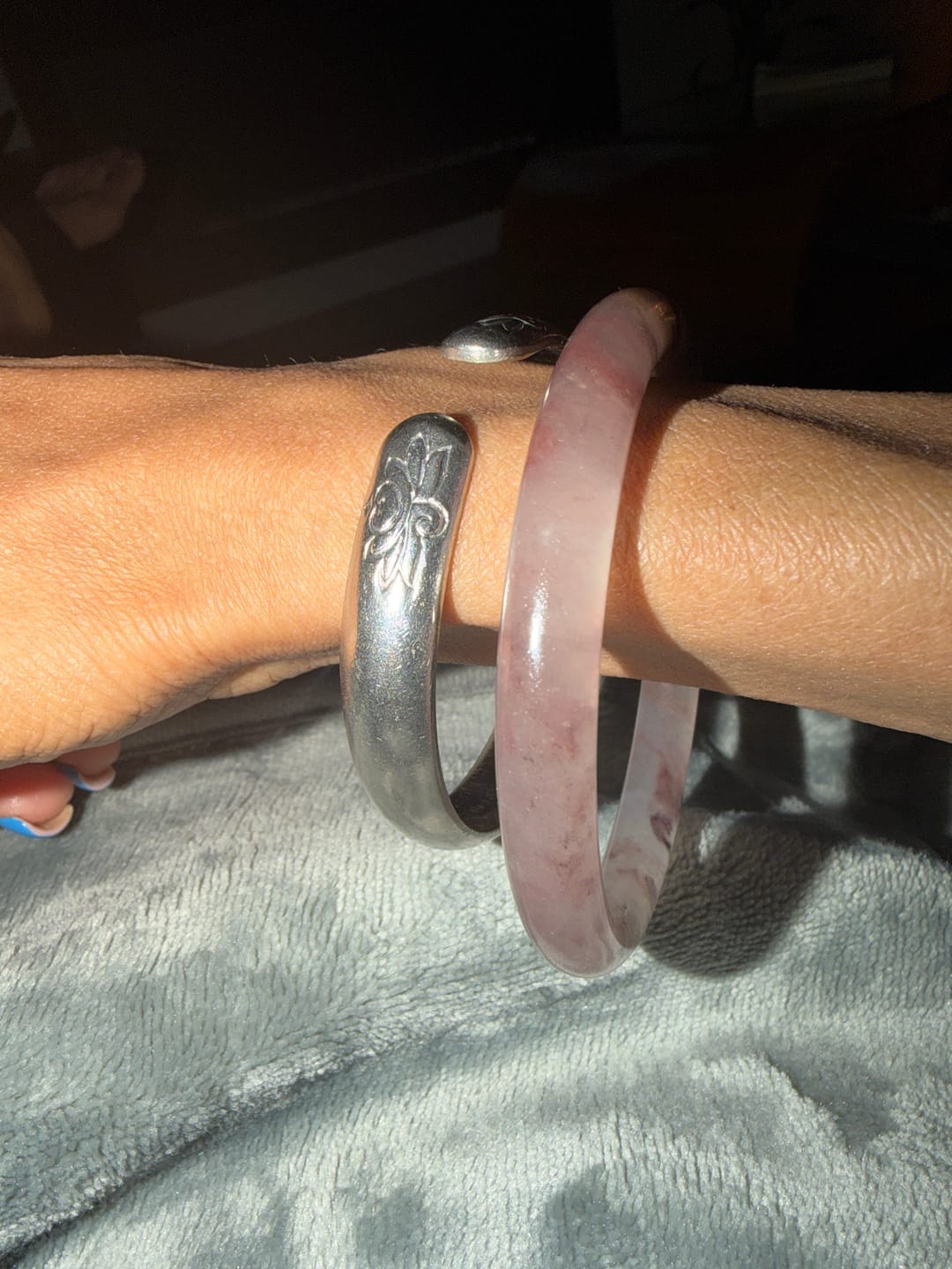 Customer photo review of Buddha Stones Purple Jade Happiness Protection Bracelet Bangle