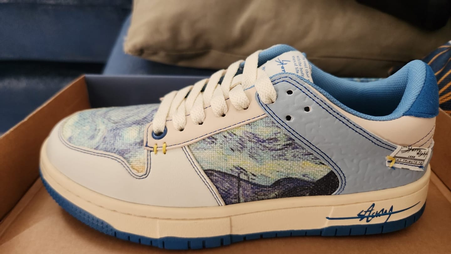 Customer photo review of Van Gogh Starry Night inspired sneakers
