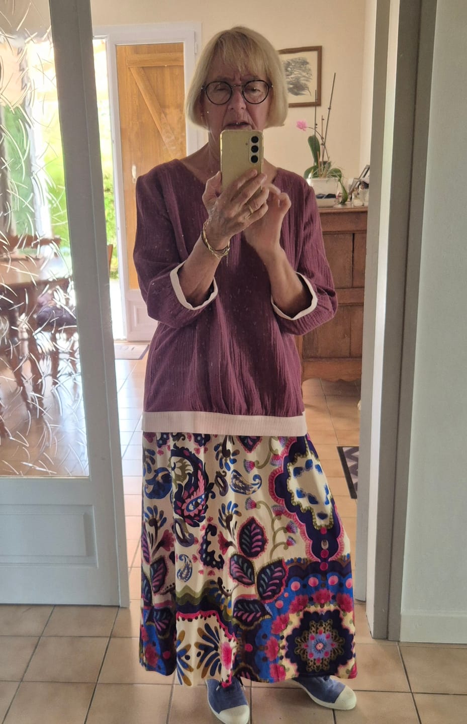 Customer photo review of Blouse Constance — Double gaze terracotta & bandes armuré rose poudré