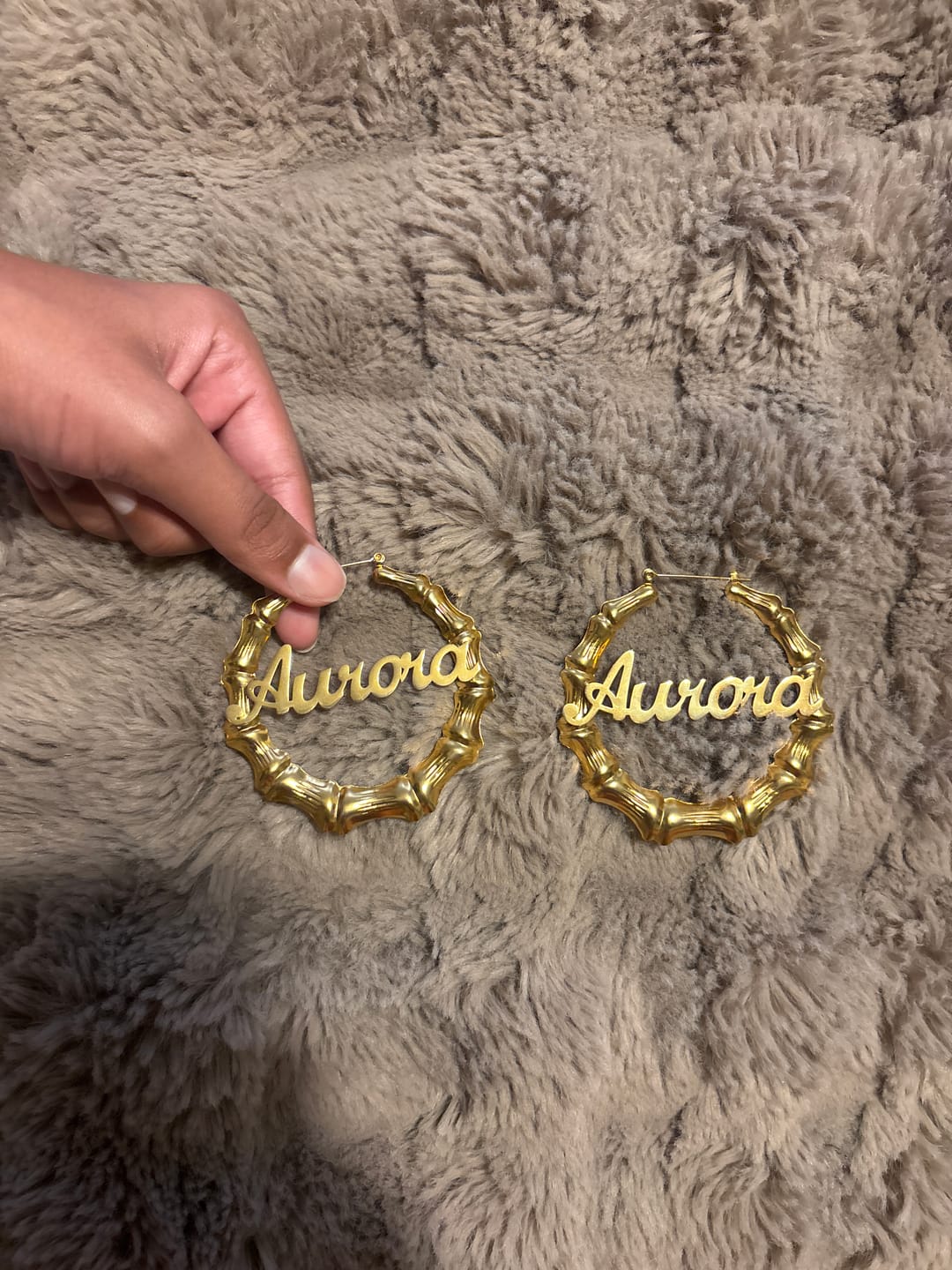 Customer photo review of Bamboo Name Hoop Earrings