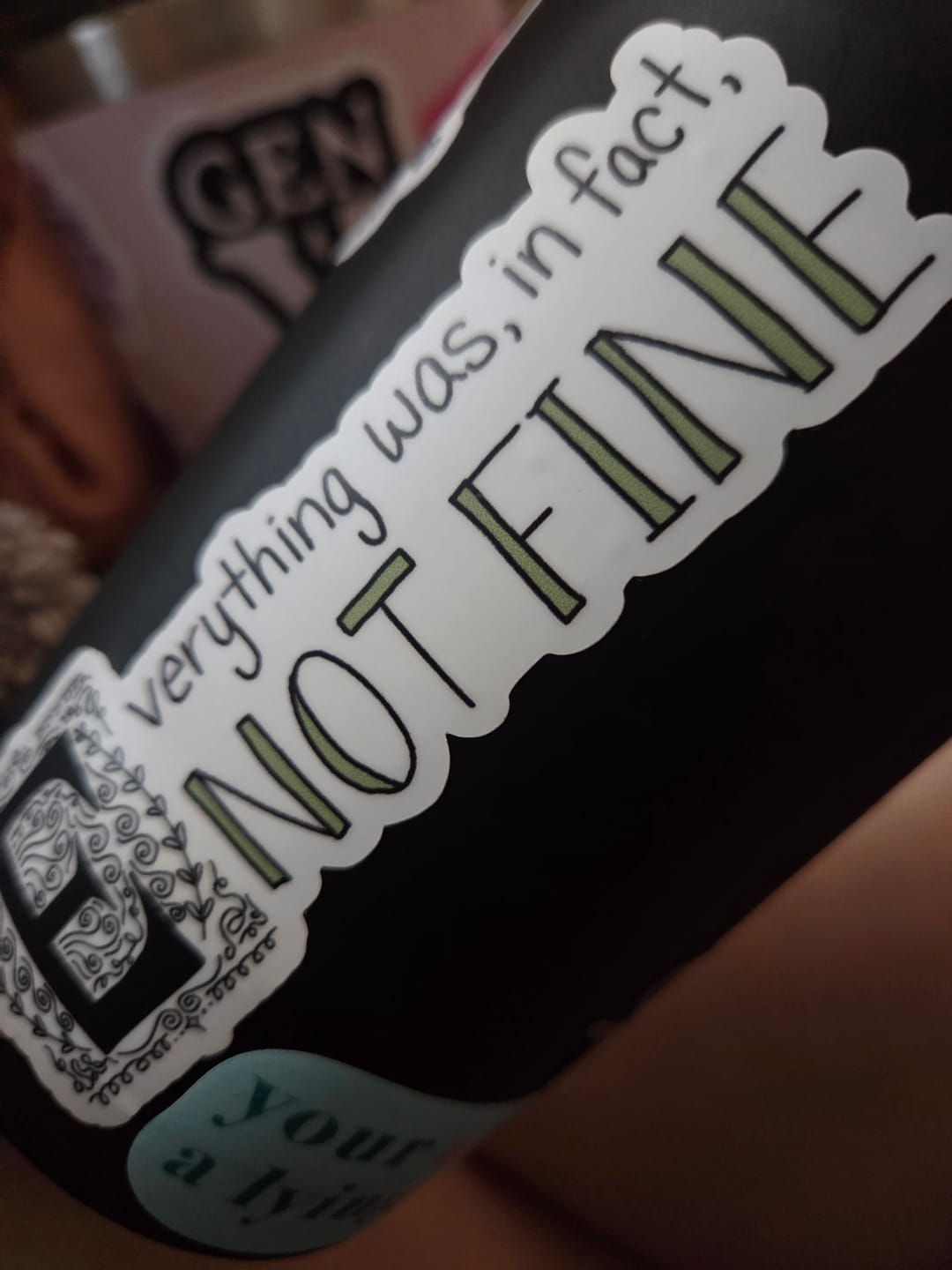 Customer photo review of "Everything Was, In Fact, Not Fine" Funny Sticker