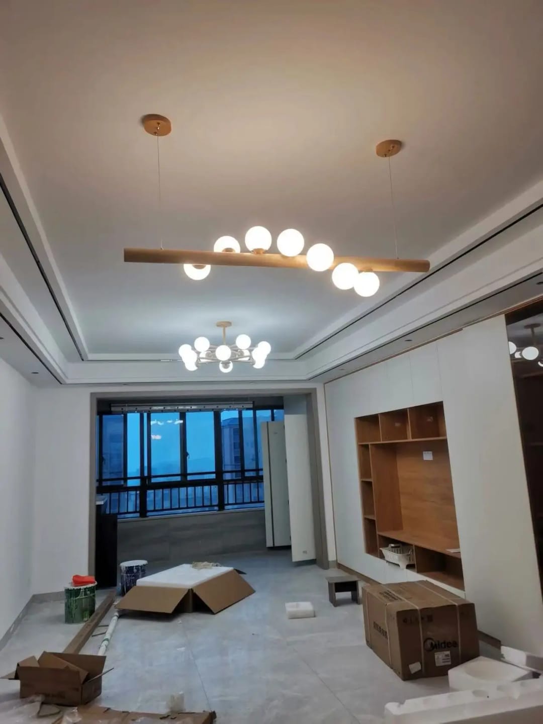 Customer photo review of Linear Wood Pendant Light, Walnut Bar, Opal Glass Globes, G9