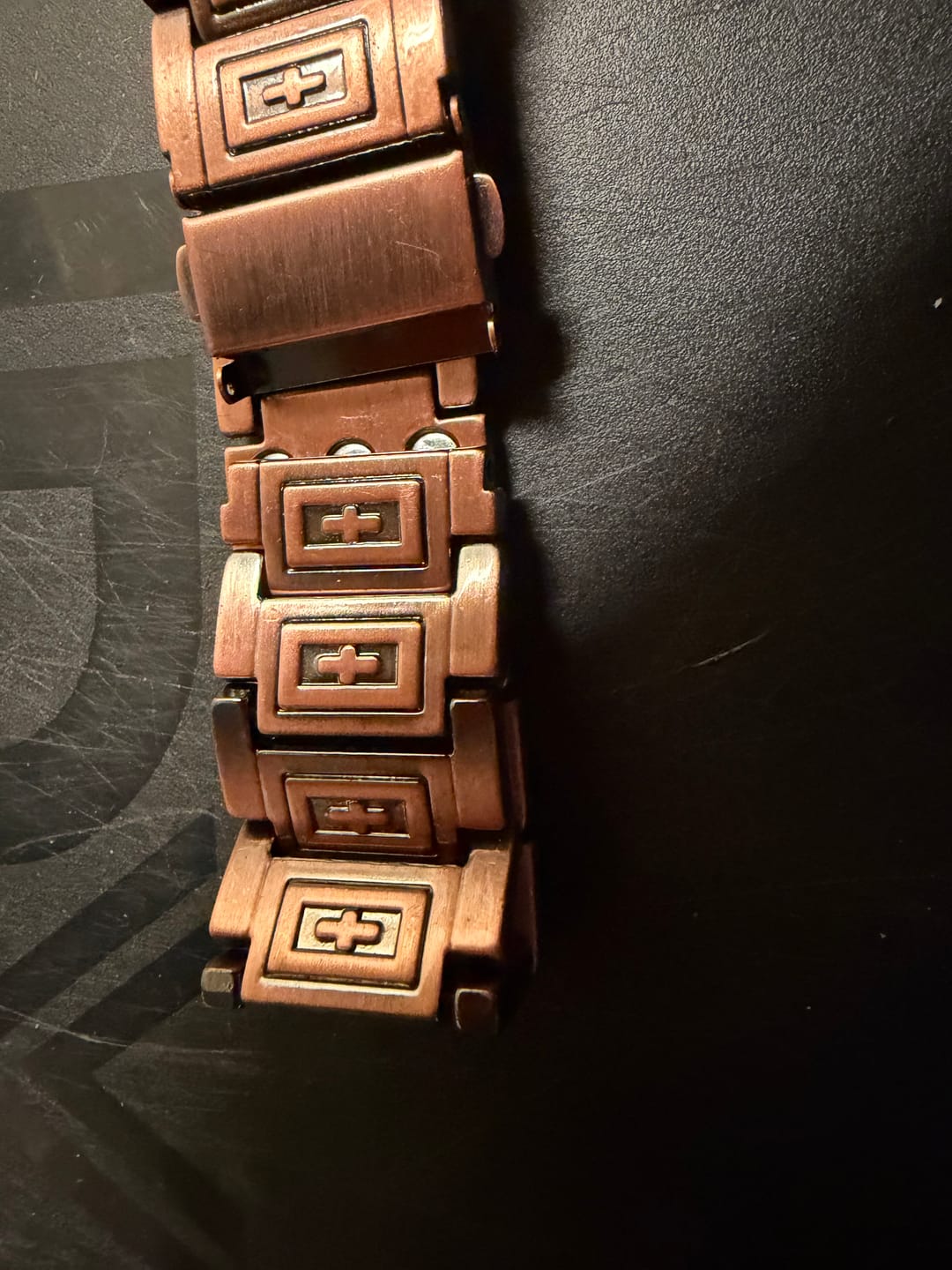 Customer photo review of FREE Today: Watch-Band Style Link Bracelet with Recessed Embossed Cross on Each Rectangular Link