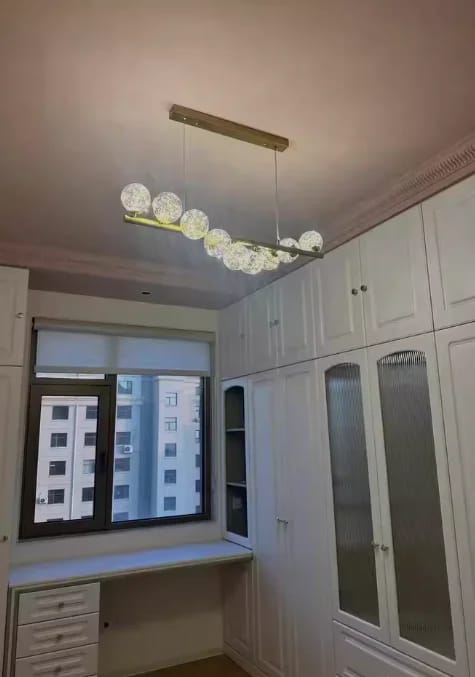 Customer photo review of Linear Wood Pendant Light, Walnut Bar, Opal Glass Globes, G9