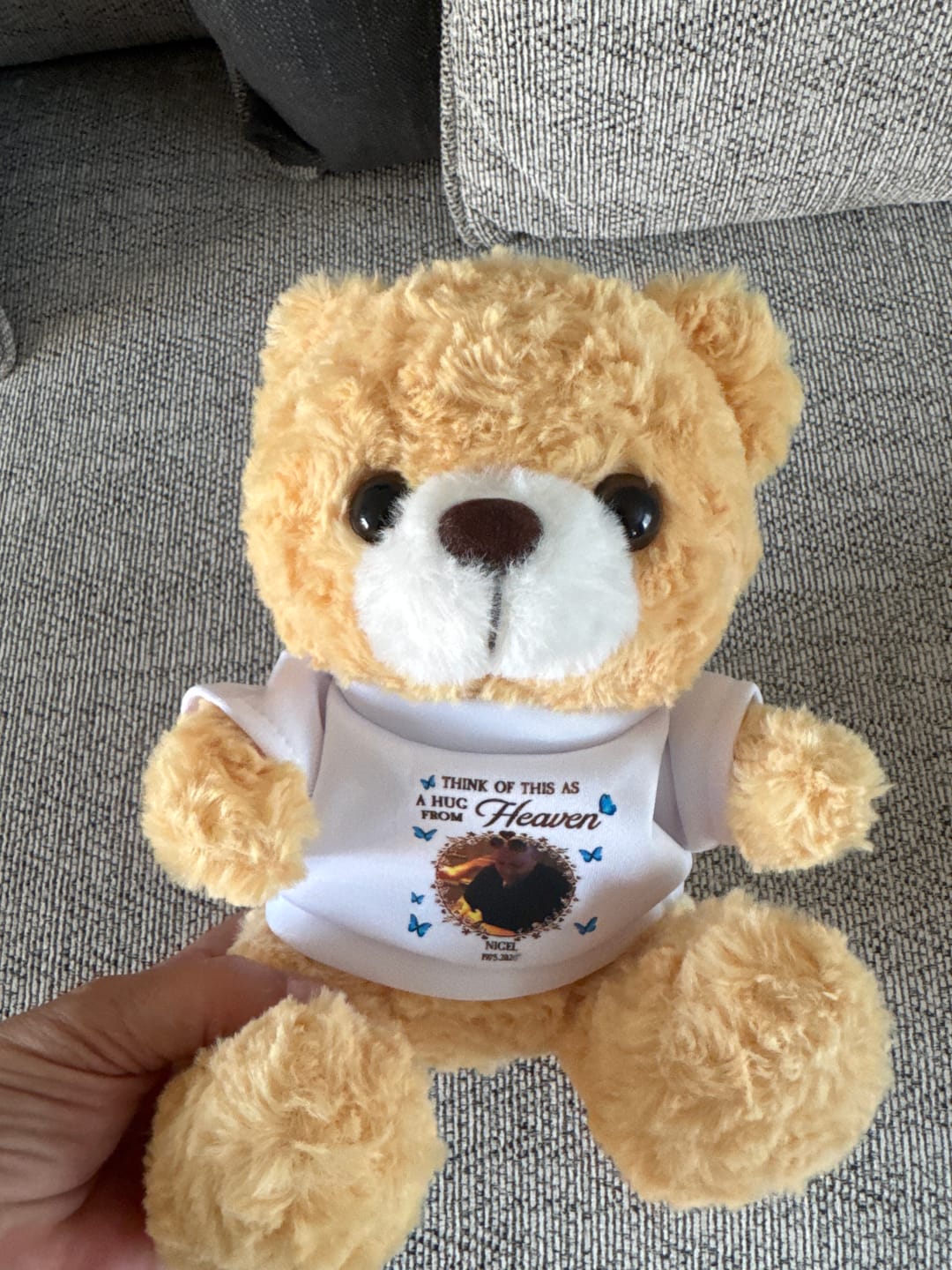 Customer photo review of Think Of This Is A Hug From Heaven - Personalized Memorial Teddy Bear