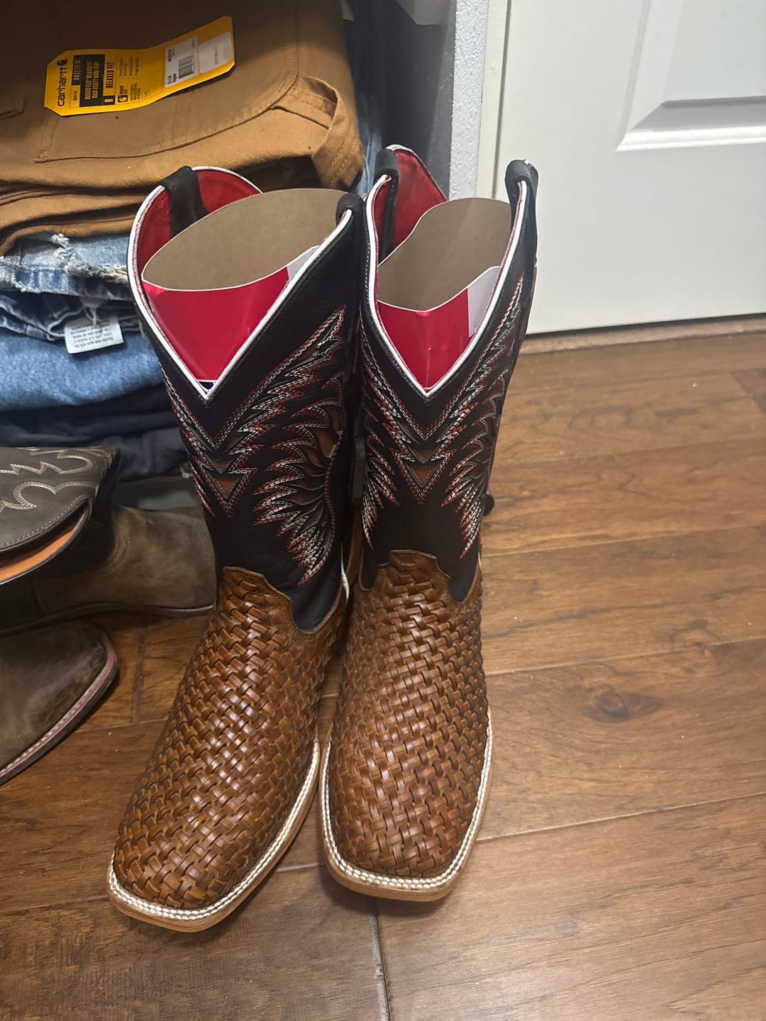 Customer photo review of Tan Basketweave Leather Boots - Square Toe