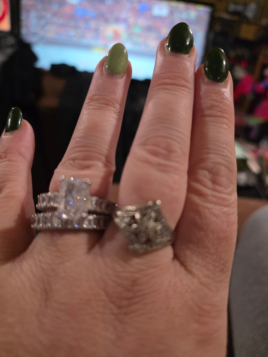 Customer photo review of Glistening-hued Radiant Cut 5.0ct Pave 925 Sterling Silver Wedding Ring Set