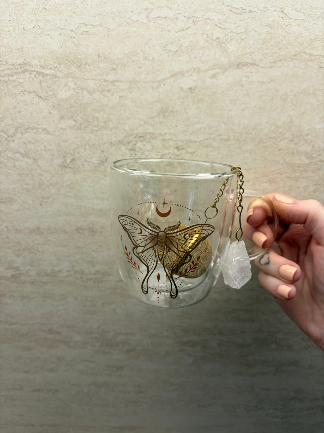 Customer photo review of Mottentasse aus doppelwandigen Glas mit Teesieb & Kristall
