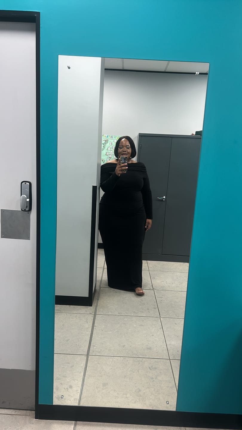 Customer photo review of Black Bardot Sculpted Dress with Long Sleeves