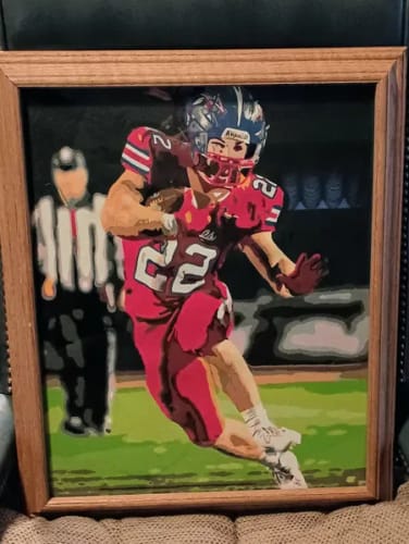 Customer's Custom Paint By Numbers portrait of a football player in a red uniform, displayed in a wooden frame.