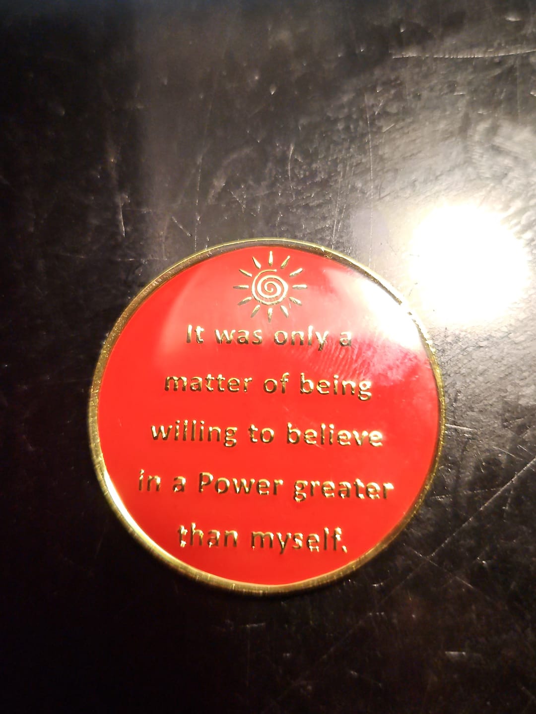 Customer photo review of 1 to 40 Year Stood in the Sunlight Specialty AA Recovery Medallion - Tri-Plated Chip/Coin