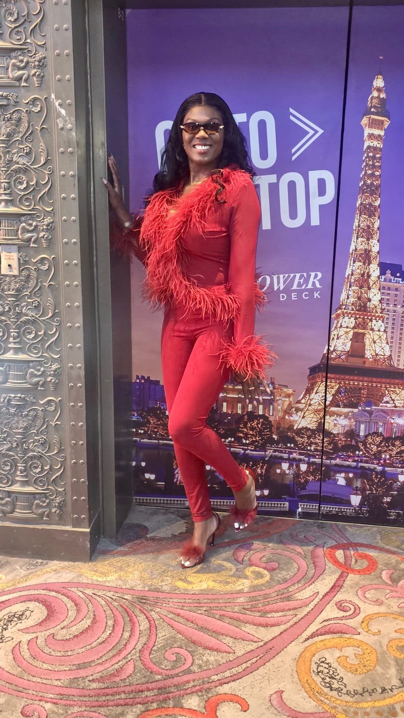 Customer photo review of Midnight Impulse Feather Mesh Pant Set Red