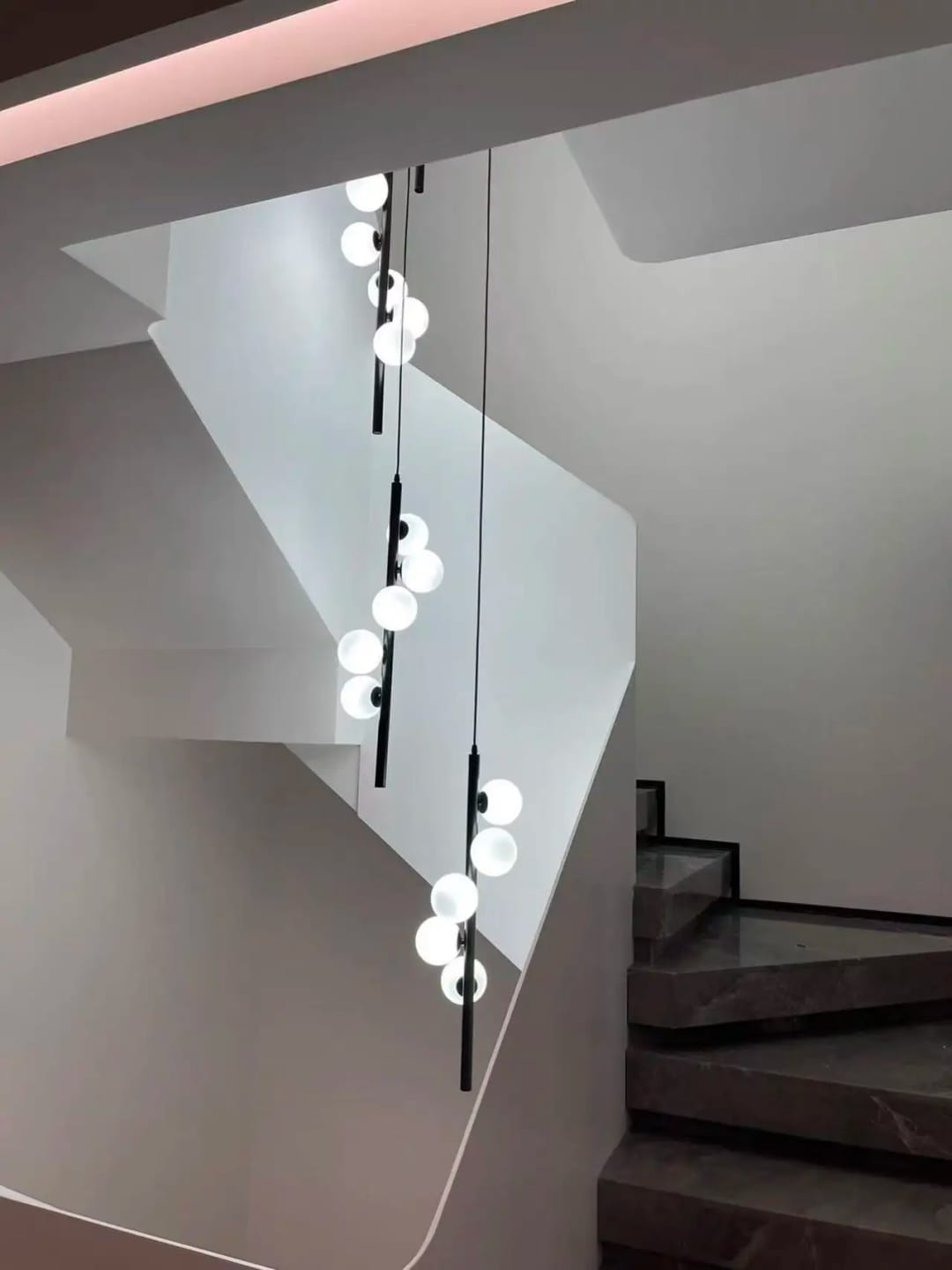 Customer photo review of Linear Wood Pendant Light, Walnut Bar, Opal Glass Globes, G9