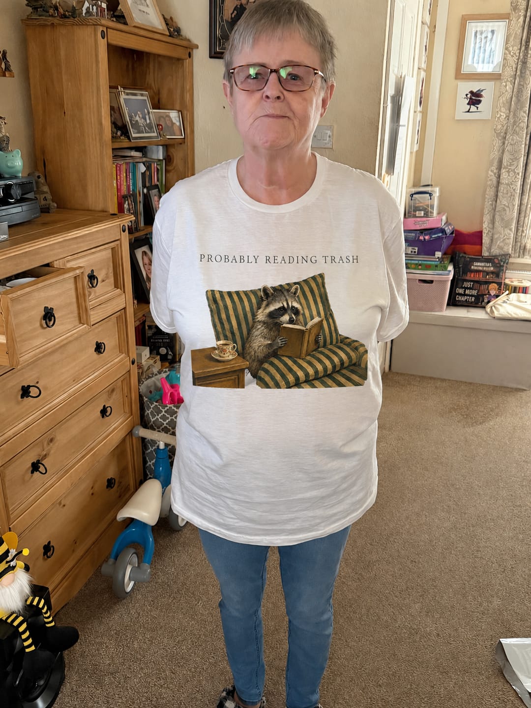 Customer photo review of Raccoon Reading in Striped Comfort T-Shirt