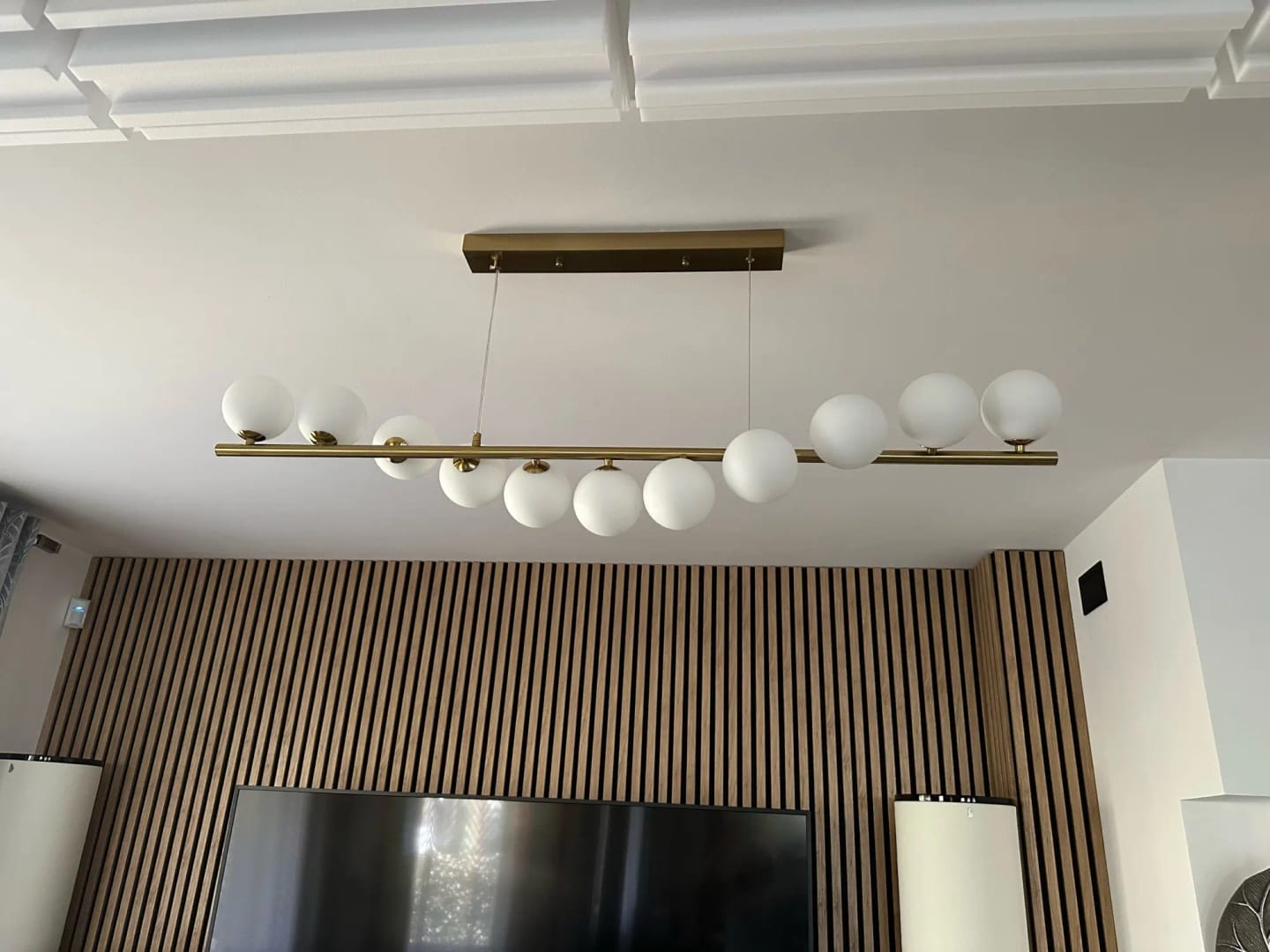 Customer photo review of Linear Wood Pendant Light, Walnut Bar, Opal Glass Globes, G9