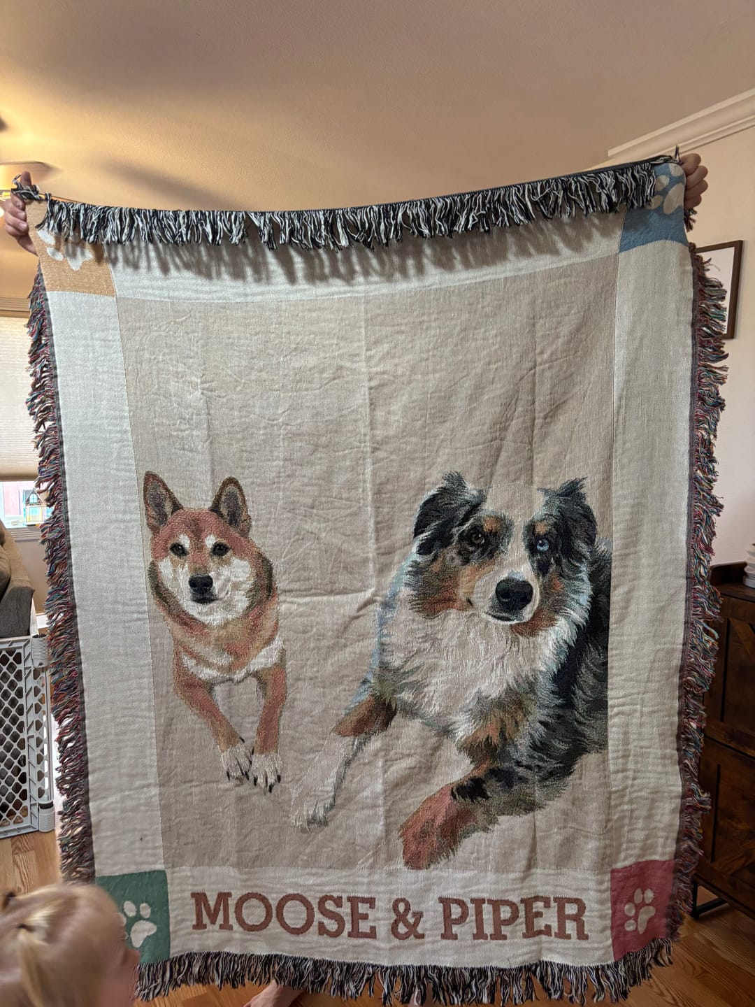 Customer photo review of Custom Pet Portrait Monogram Throw Blanket