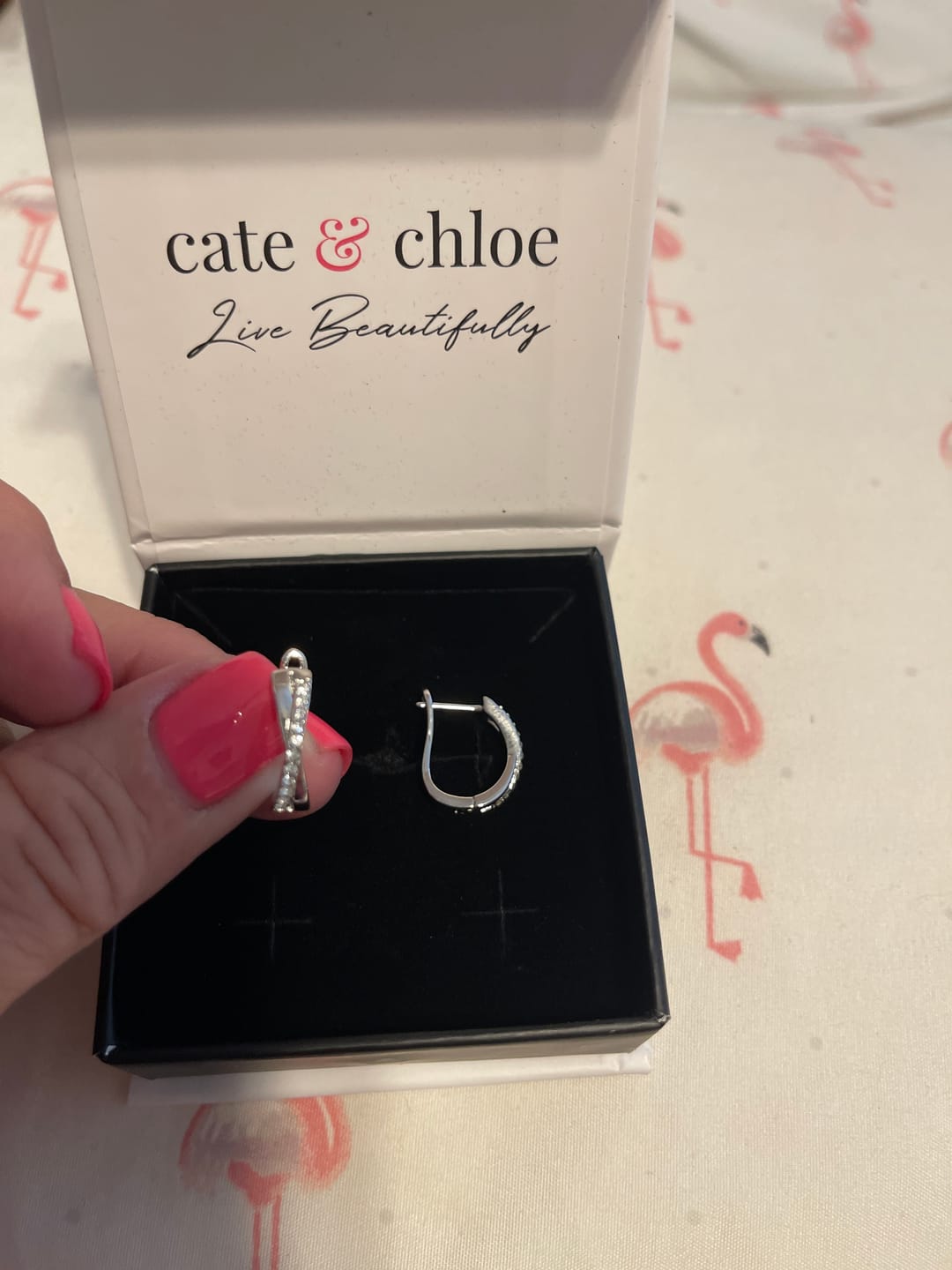 Customer photo review of Amaya 18k White Gold Plated 16mm Twisted Hoop Earrings with Swarovski Crystals