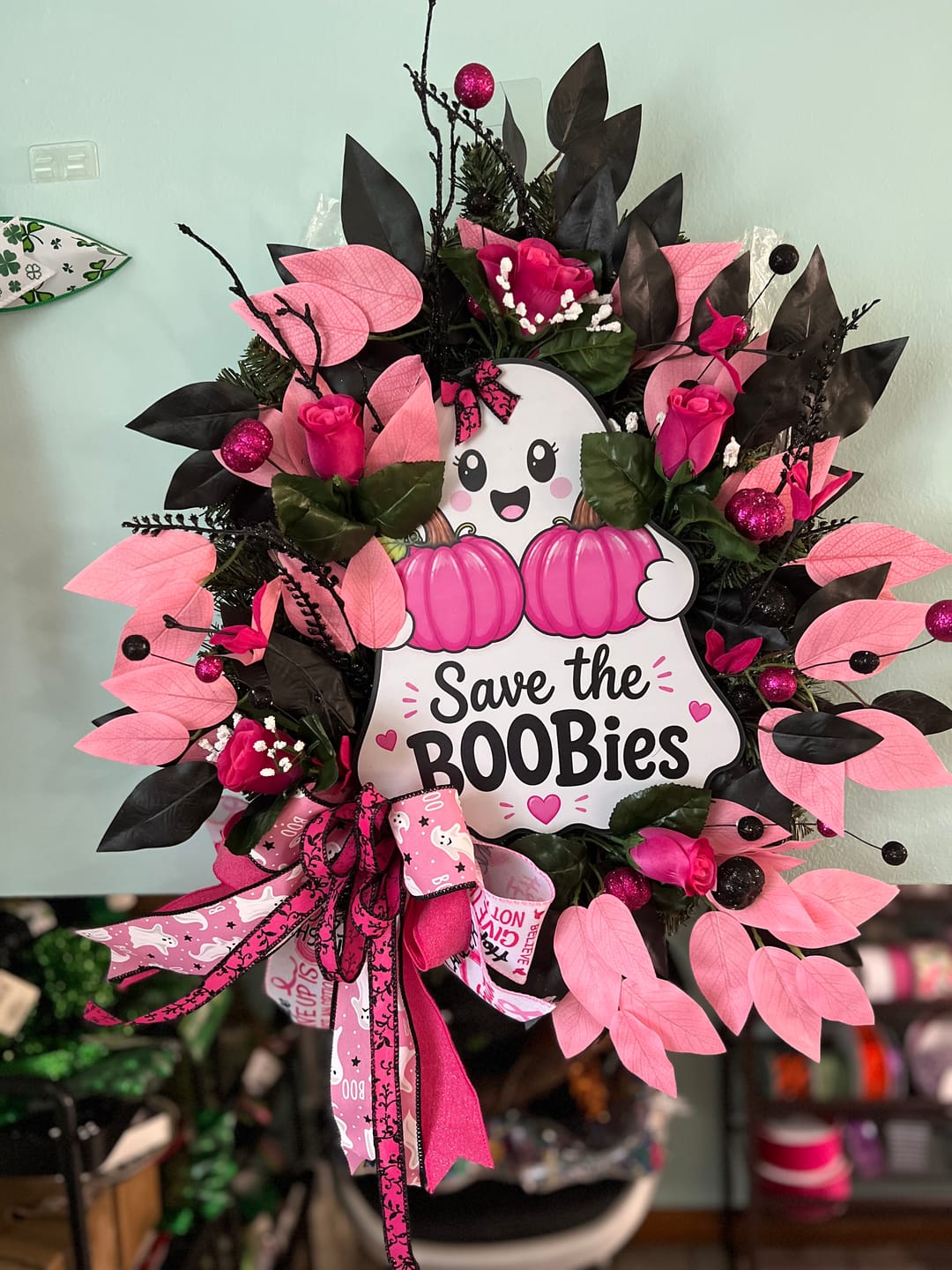 Customer photo review of Save the BOOBies Pink Ghost Sign, MF-W-0075, 12in Sign For Wreath, Wood Wreath Sign