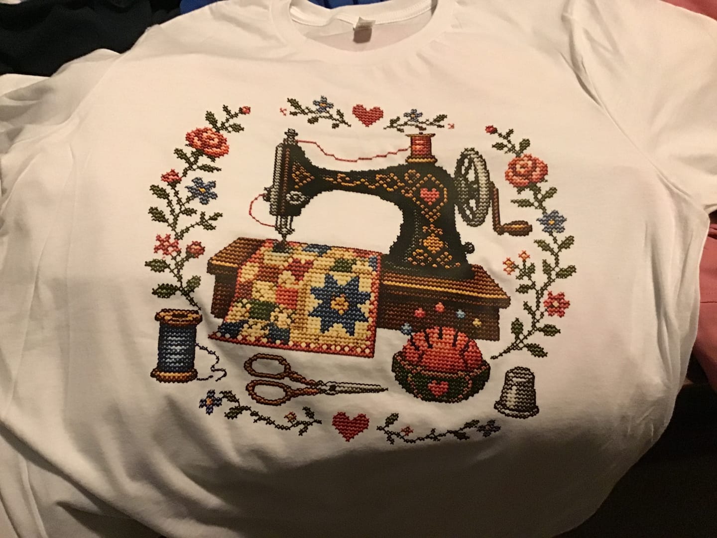 Customer photo review of Cross-Stitched Sewing Machine T-shirt