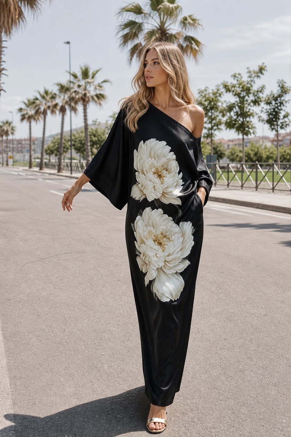 Customer photo review of Pockets Flower Print Asymmetric Three-quarter Sleeves Loose One-shoulder Maxi Dresses