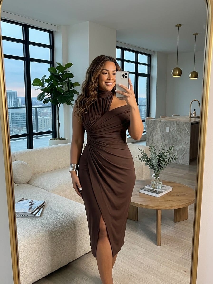 Customer photo review of Solid color One-shoulder Draped Asymmetrical Midi Dress