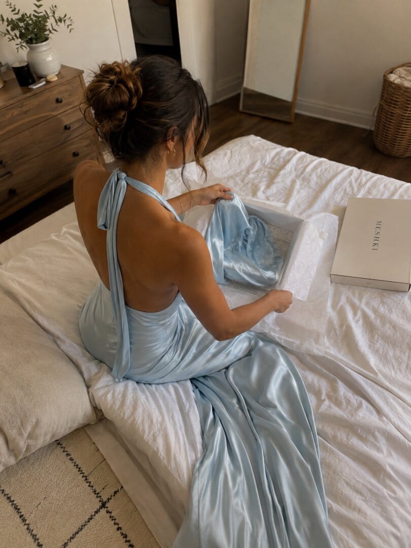Customer photo review of Heavy Hearted Satin Maxi Dress - Ice Blue