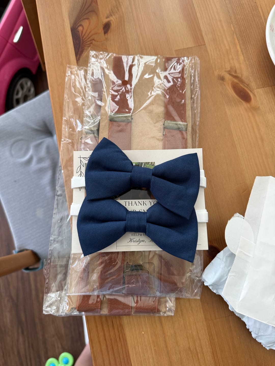 Customer photo review of Slate Blue Bow Tie & Cognac Buckle Suspenders Set
