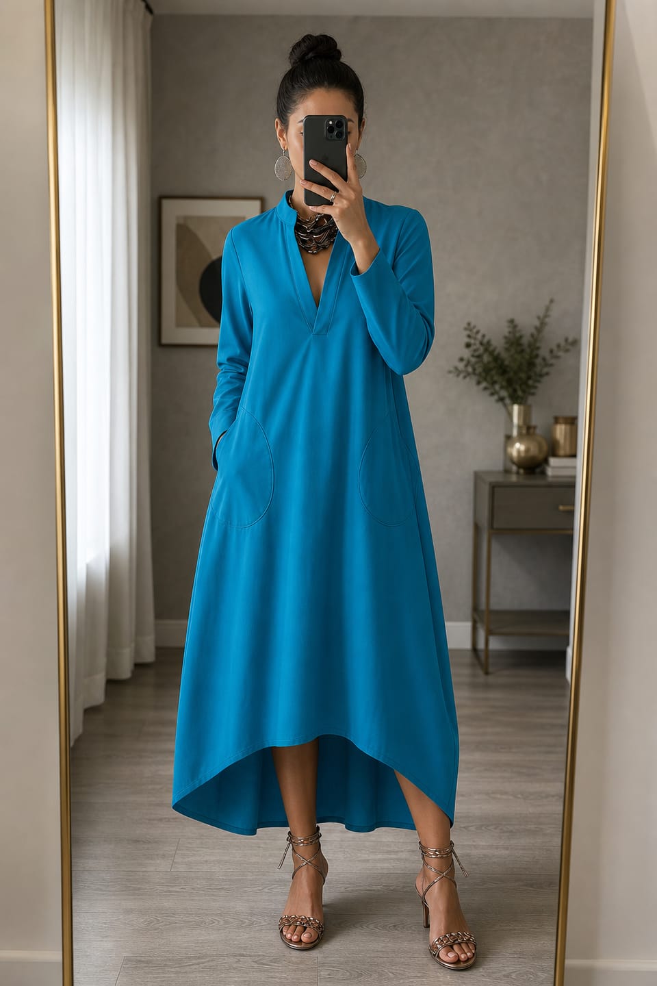Customer photo review of Solid Color Pockets Loose Long Sleeves V-neck Midi Dresses