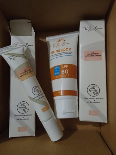 Customer's pack of two The Bear Essence Lip Pigmentation Creams and one Sunblock tube inside a box