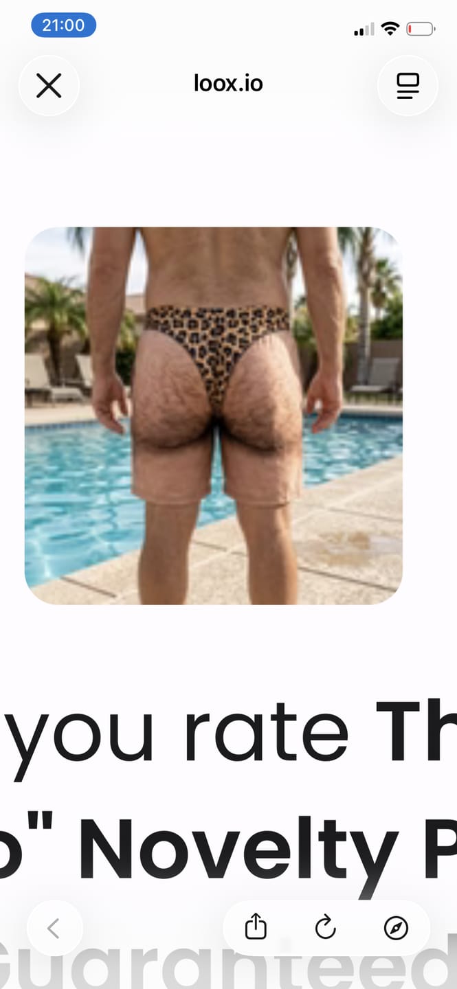 Customer photo review of The "Cheeky Commando" Novelty Prank Swim Trunks – Guaranteed to Cause Double-Takes!