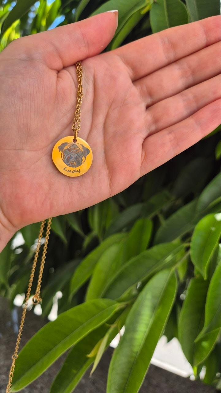Customer photo review of Personalized Dog Portrait Necklace – Engraved Photo Pendant
