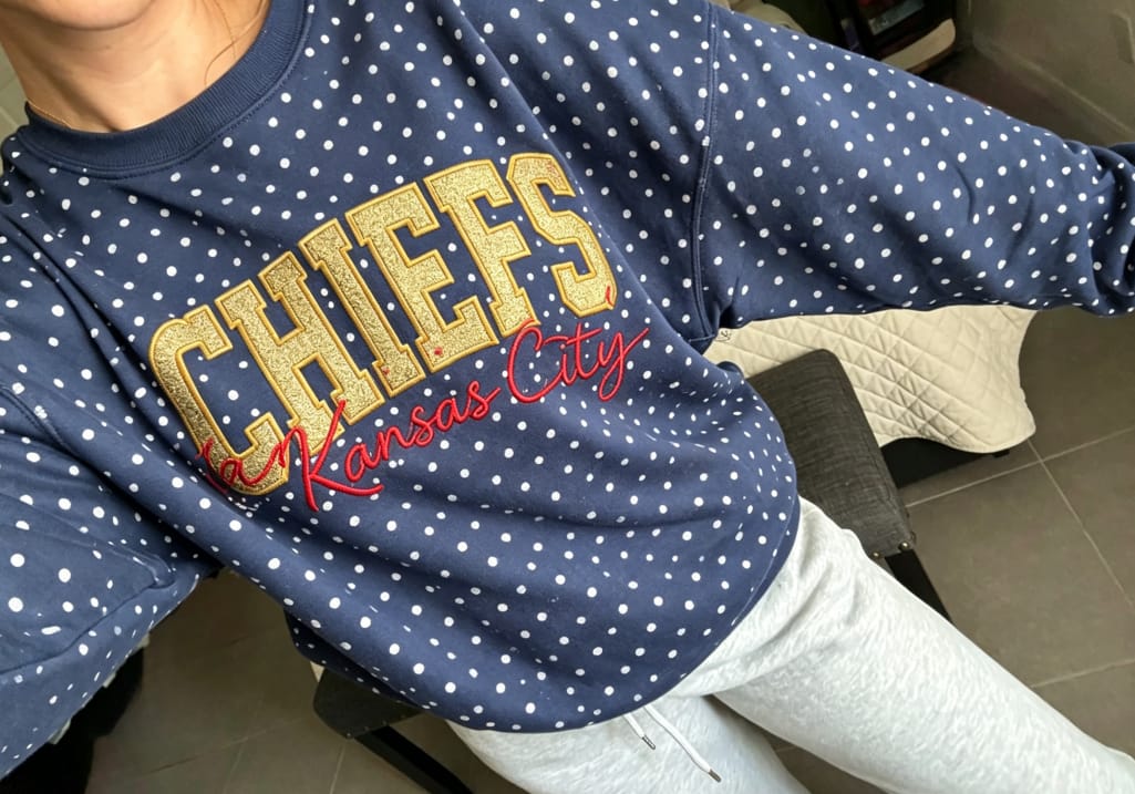 Customer photo review of Custom Embroidered Glitter Vinyl Team Polka Dot Sweatshirt - Game Day Best Gear | Gifts for Sports Mom | Game Day Wear