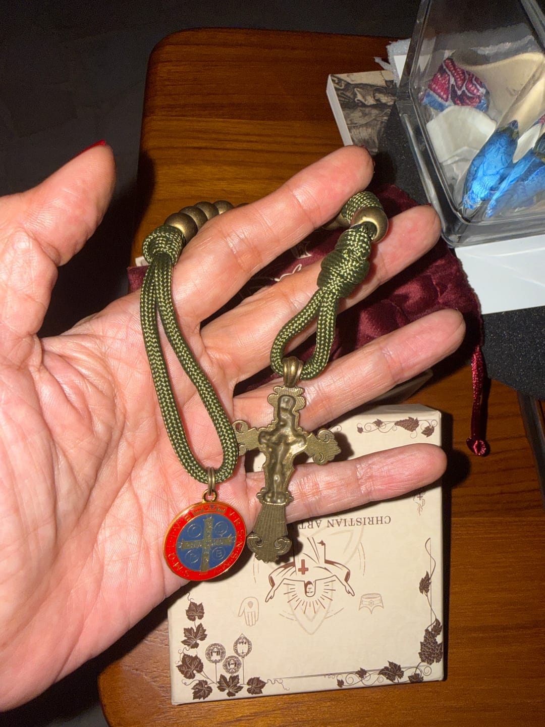 Customer photo review of FREE Today: St. Benedict Protection All-Place Portable Bronze Beads Nylon Cord Pocket Rosary