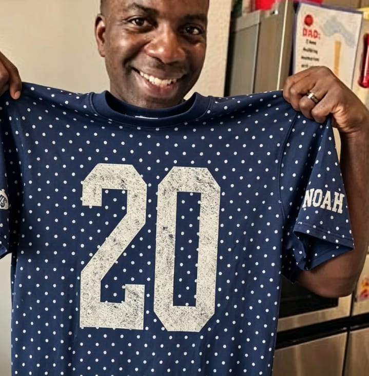Customer photo review of Custom Vintage Varsity Number or Letter Sport Team Polka Dot T-shirt | Game Day Wear