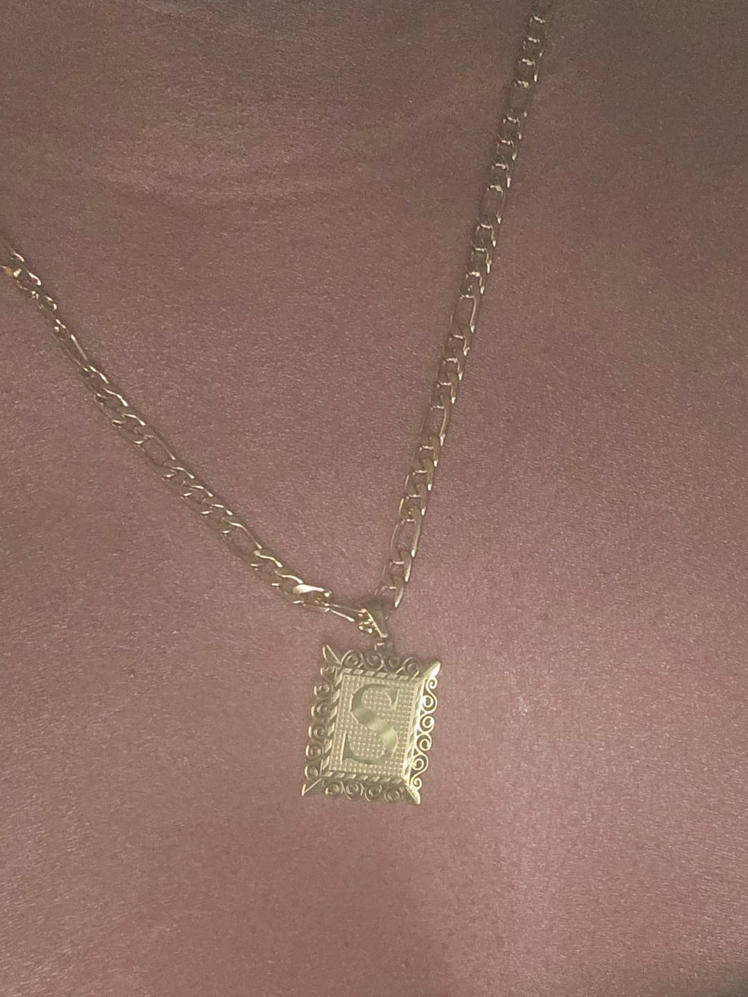 Customer photo review of Embossed Initial Necklace w/ Figaro Chain