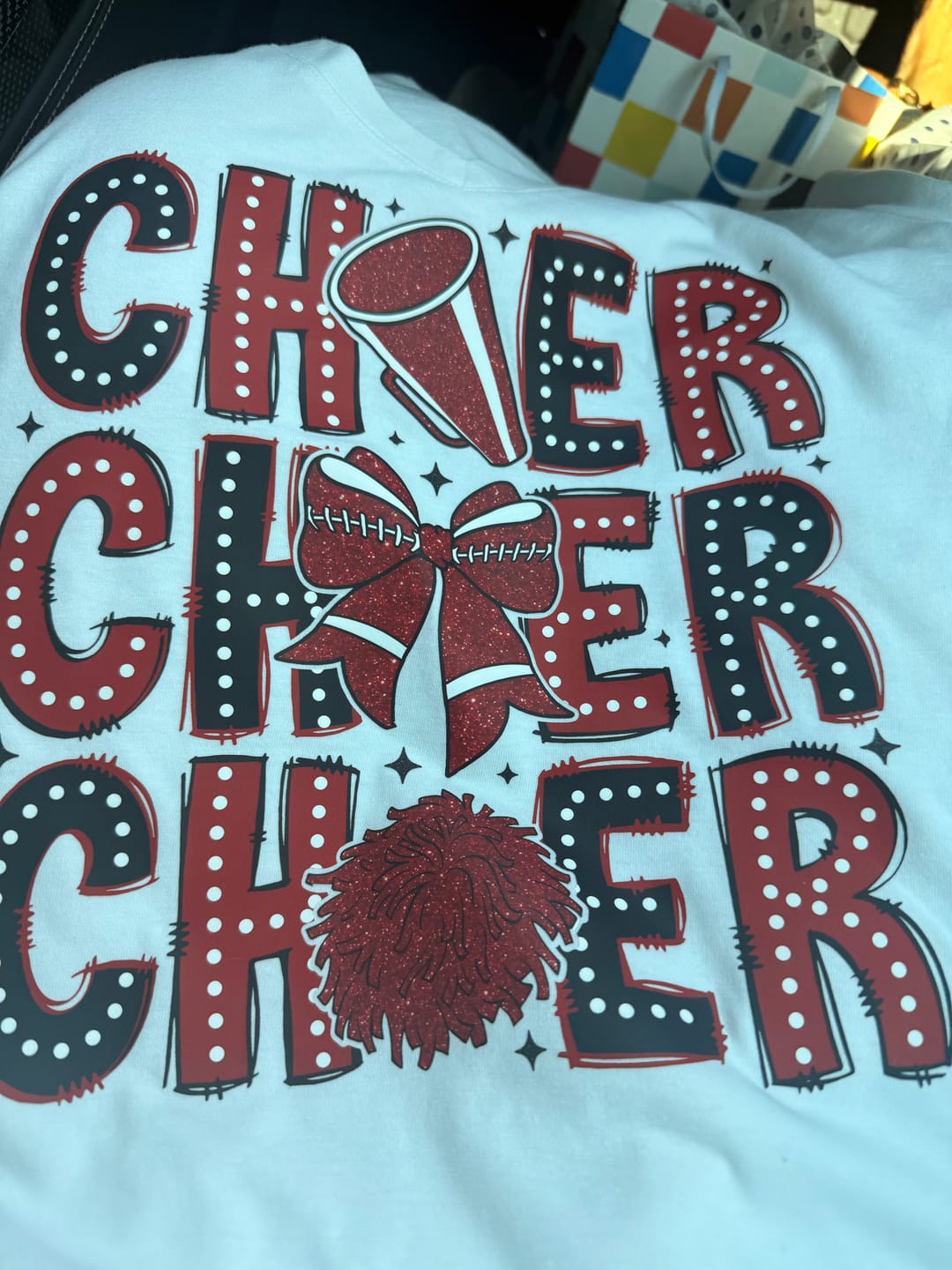 Customer photo review of ADULT Cheer Red and Black DTF TRANSFER