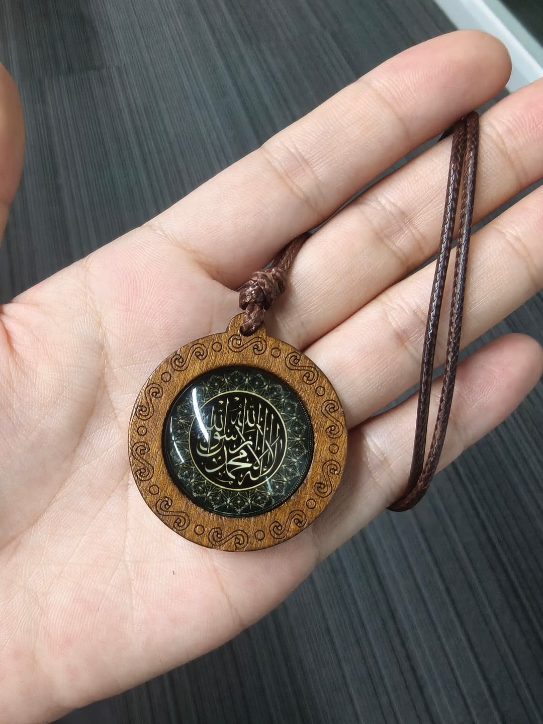 Customer photo review of HilalHaven Sacred Testimony Shahada Engraved Pendant Necklace