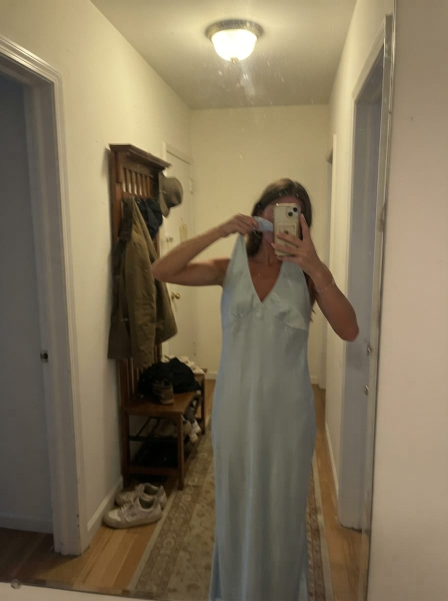 Customer photo review of Heavy Hearted Satin Maxi Dress - Ice Blue