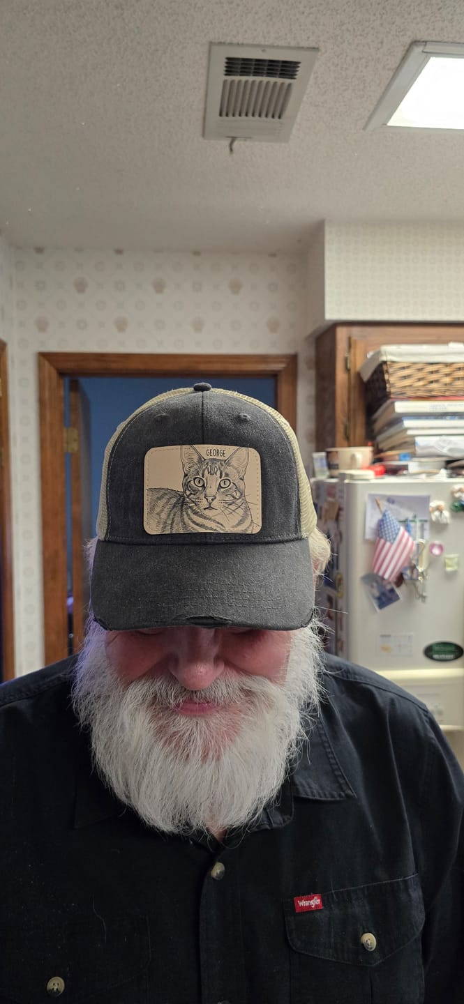 Customer photo review of Custom Cat Portrait Trucker Hat | Personalized Vegan Leather Patch Cap from Your Photo