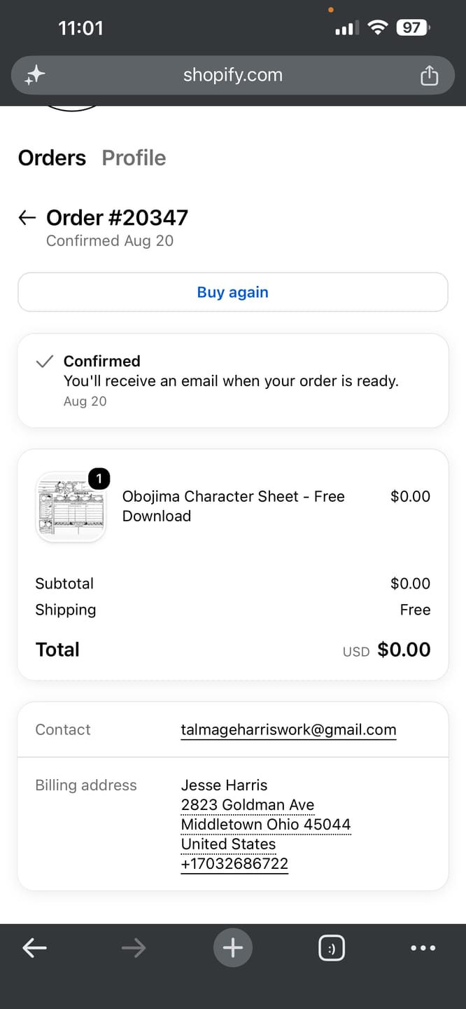 Customer photo review of Obojima Character Sheet - Free Download