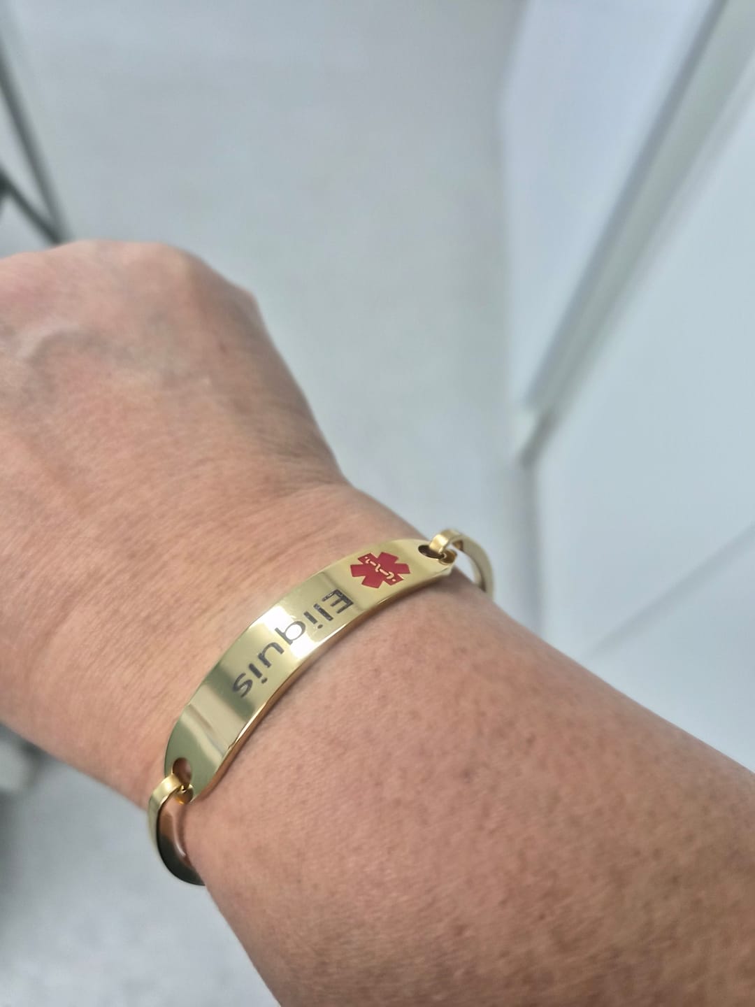 Customer photo review of Personalised Gold Medical Alert ID Bangle Bracelet