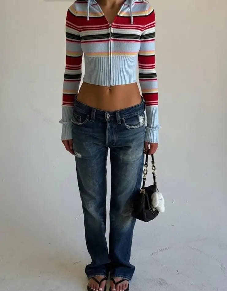 Customer photo review of Nadia Striped Color-Block Cropped Hoodie