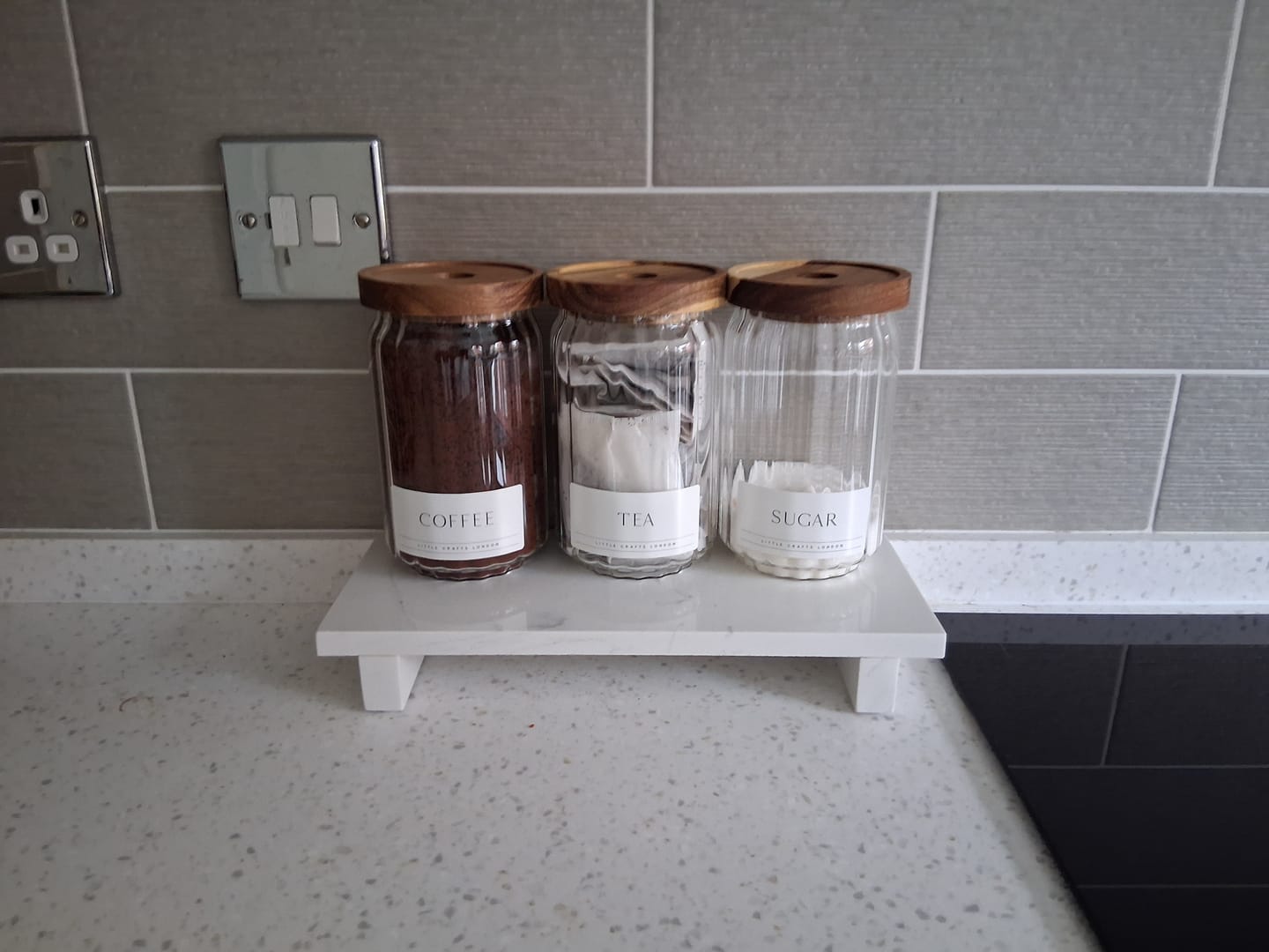 Customer photo review of Ribbed Set of 3 Acacia Glass Jars Tea, Coffee and Sugar 750 ML