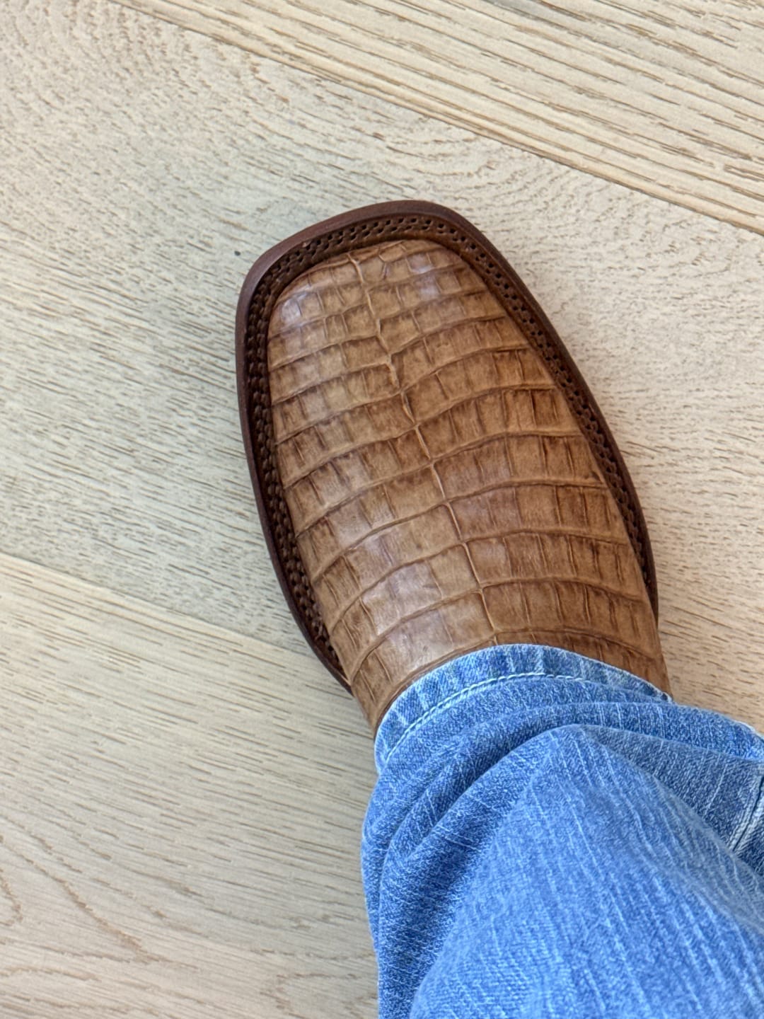 Customer photo review of Tecovas Men's The William Navy & Toffee Caiman Western Boot 11079TFN