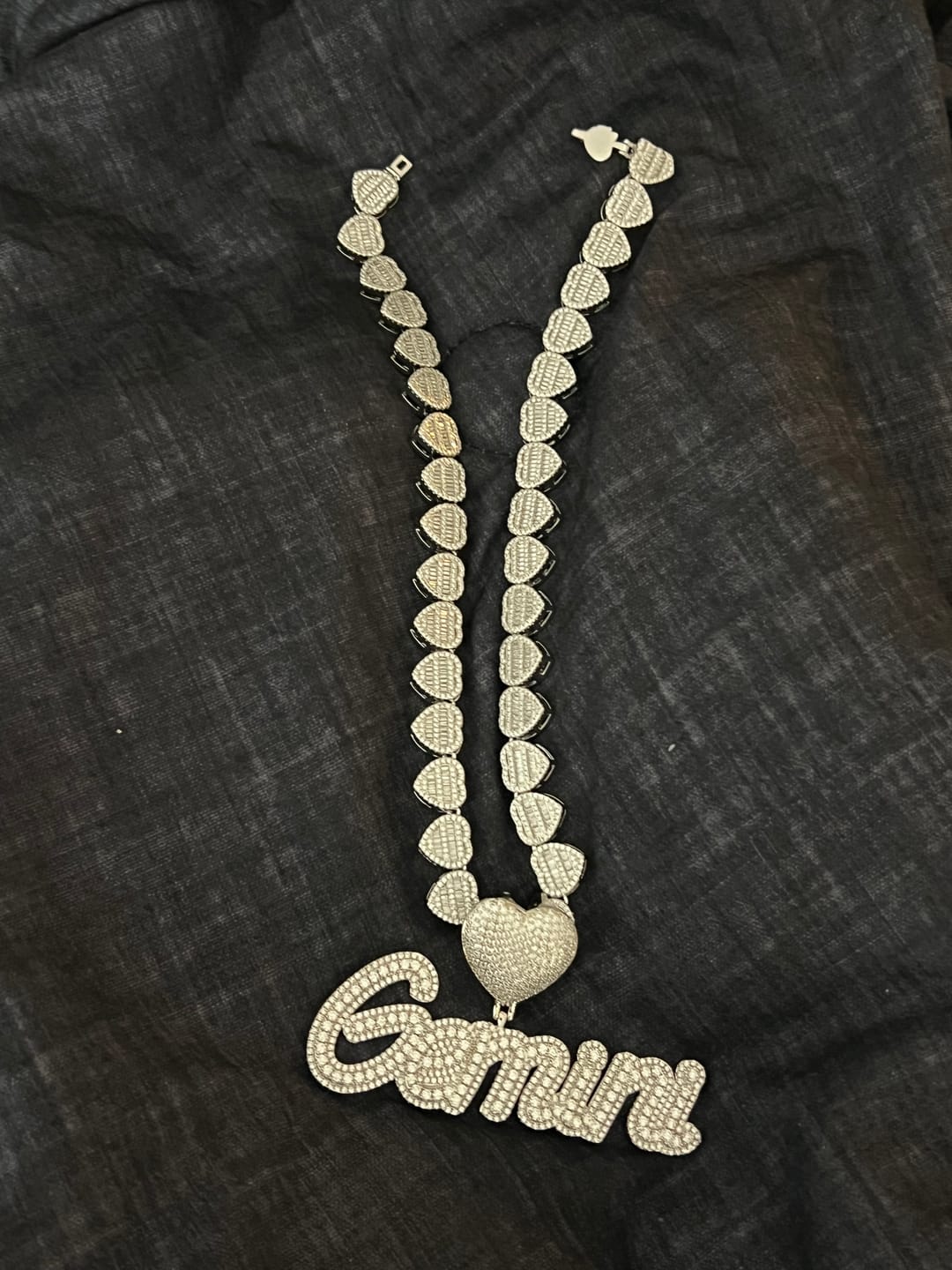 Customer photo review of LUXIIVA® FROSTED ICED OUT CUSTOM NAME PENDANT - HEART HOOK